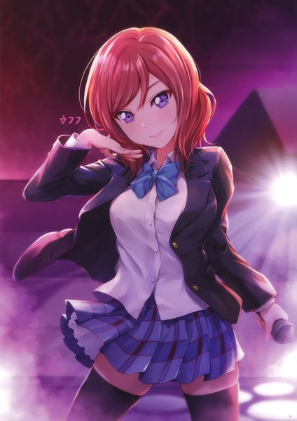 Anime picture 2492x3526 with love live! school idol project sunrise (studio) love live! nishikino maki shamakho single tall image looking at viewer blush fringe highres short hair smile hair between eyes standing purple eyes holding red hair long sleeves head tilt