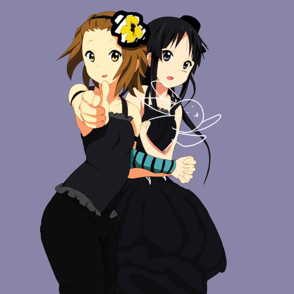 Anime picture 1000x1000 with k-on! kyoto animation akiyama mio tainaka ritsu kaiman long hair short hair black hair simple background brown hair bare shoulders multiple girls yellow eyes black eyes girl dress 2 girls hat