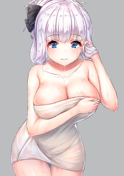 Anime picture 848x1200 with azur lane illustrious (azur lane) pensuke single tall image looking at viewer blush fringe short hair breasts blue eyes light erotic simple background smile hair between eyes standing bare shoulders cleavage silver hair parted lips