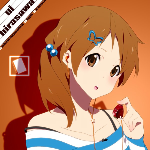 Anime picture 1000x1000 with k-on! kyoto animation hirasawa ui nanao (mahaya) looking at viewer short hair open mouth brown hair brown eyes girl hair ornament food headphones hair tie berry (berries) butterfly hair ornament hair bobbles strawberry digital media player