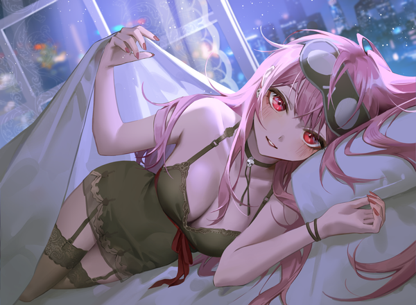 Anime picture 2651x1946 with virtual youtuber hololive hololive english mori calliope mori calliope (6th costume) jyuma single long hair looking at viewer blush fringe highres breasts light erotic red eyes large breasts pink hair cleavage indoors lying