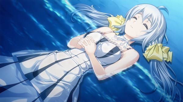 Anime picture 1280x720 with love replica atou rin single long hair wide image twintails game cg white hair lying eyes closed girl dress water