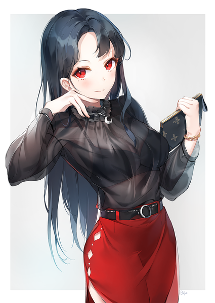 Anime picture 1000x1411 with original emyo single long hair tall image looking at viewer blush fringe breasts light erotic black hair simple background smile red eyes standing holding border fashion girl skirt