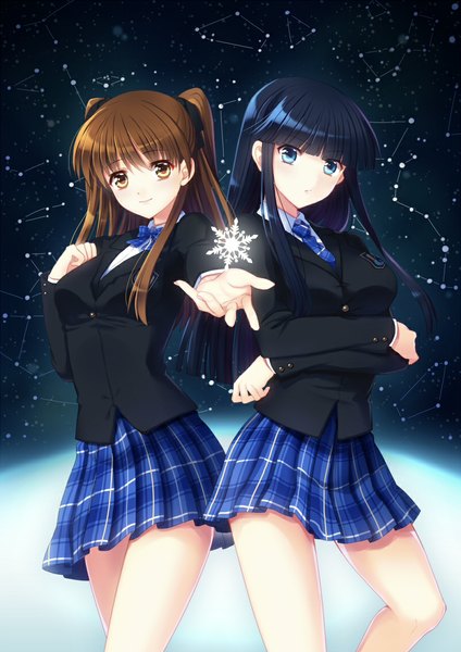 Anime picture 800x1131 with white album 2 touma kazusa ogiso setsuna philomelalilium long hair tall image looking at viewer blue eyes brown hair multiple girls brown eyes blue hair bent knee (knees) constellation zodiac girl skirt uniform 2 girls school uniform