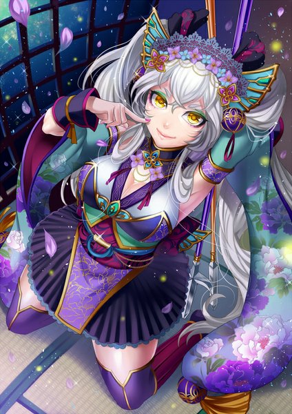 Anime picture 570x806 with original matsurika youko single long hair tall image looking at viewer smile standing twintails yellow eyes white hair long sleeves nail polish hair flower from above wide sleeves sparkle alternate costume kneeling floral print