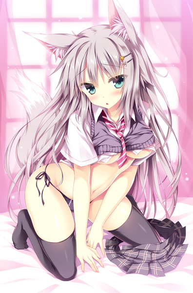 Anime picture 595x900 with original tateha (marvelous grace) single long hair tall image light erotic animal ears bent knee (knees) tail parted lips animal tail pleated skirt aqua eyes grey hair bare belly fox ears kneeling fox tail fox girl plaid skirt