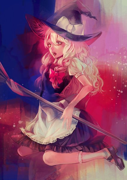 Anime picture 800x1131 with touhou kirisame marisa jinzhao chun single long hair tall image looking at viewer open mouth blonde hair braid (braids) grey eyes puffy sleeves kneeling multicolored girl bow hair bow hat socks white socks