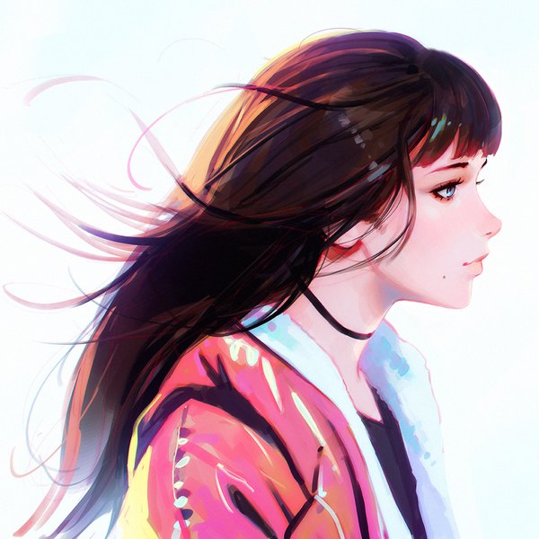 Anime picture 1080x1080 with original ilya kuvshinov single long hair fringe blue eyes simple background brown hair white background looking away upper body blunt bangs profile realistic mole open jacket fur trim girl choker jacket