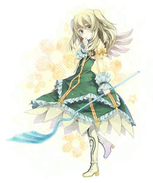 Anime picture 837x1000 with tales of (series) tales of xillia elize lutus hagiwara rin single tall image looking at viewer blush short hair blonde hair simple background white background green eyes two side up girl dress thigh boots staff