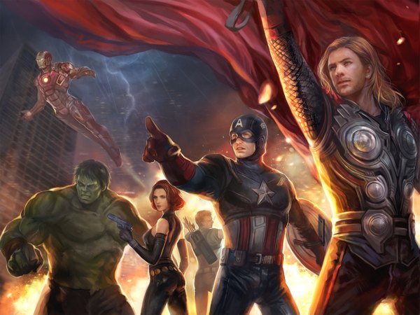 Anime picture 1275x957 with marvel comics avengers thor (character) iron man (character) natasha romanoff captain america hulk hawkeye jiuge short hair blue eyes blonde hair red hair looking back from behind realistic light group rain lightning