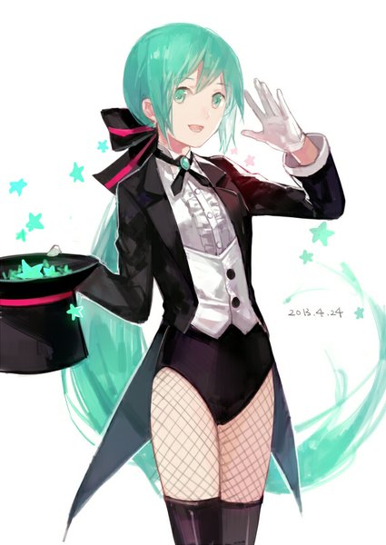 Anime picture 709x1000 with project diva vocaloid miracle paint (vocaloid) hatsune miku cotta single tall image looking at viewer blush open mouth simple background smile white background ponytail very long hair aqua eyes aqua hair salute magician girl