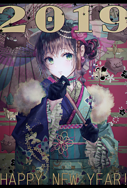 Anime picture 1216x1800 with original haduki tohru single tall image blush fringe short hair brown hair standing holding green eyes looking away traditional clothes parted lips japanese clothes wide sleeves hair bun (hair buns) hieroglyph new year hand to mouth