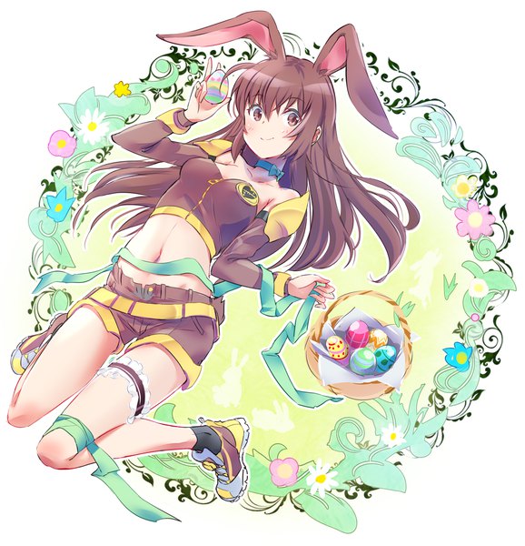 Anime picture 1479x1536 with rwby rooster teeth velvet scarlatina iesupa single long hair tall image looking at viewer fringe breasts smile brown hair holding brown eyes animal ears full body tail animal tail bare belly bunny ears