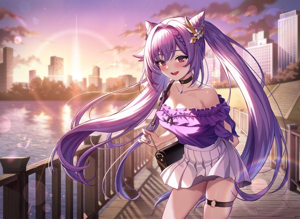 Anime picture 2700x1975 with genshin impact keqing (genshin impact) chlgo08 single long hair looking at viewer blush highres breasts open mouth smile standing purple eyes twintails bare shoulders cleavage purple hair outdoors very long hair :d