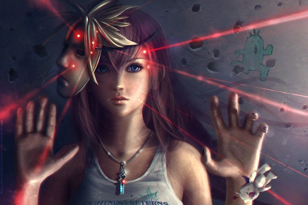 Anime picture 1920x1280 with final fantasy square enix lightning farron eddy-shinjuku single long hair highres blue eyes bare shoulders looking away purple hair cloud (clouds) realistic mask on head girl pendant toy mask stuffed animal