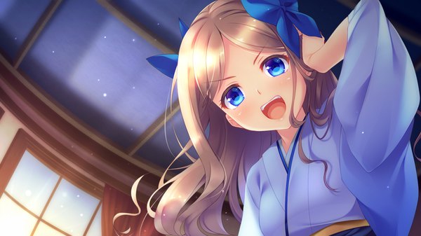 Anime picture 1600x900 with kantai collection asakaze (kantai collection) imachireki single long hair looking at viewer blush open mouth blue eyes blonde hair wide image traditional clothes japanese clothes girl hair ornament bow hair bow kimono butterfly hair ornament