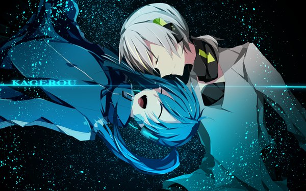 Anime picture 1920x1200 with kagerou project shaft (studio) ene (kagerou project) konoha (kagerou project) etoranze long hair highres short hair open mouth smile wide image twintails blue hair eyes closed profile grey hair inscription wallpaper girl boy