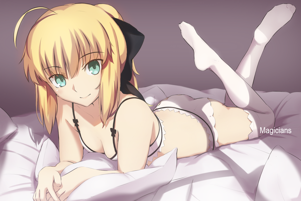 Anime picture 1355x910 with fate (series) fate/stay night artoria pendragon (all) saber magicians (zhkahogigzkh) single looking at viewer short hair blue eyes light erotic blonde hair underwear only girl thighhighs underwear panties white thighhighs lingerie bra