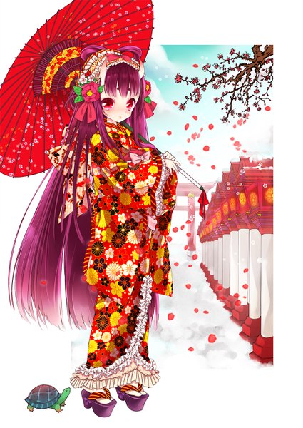 イラスト 1000x1413 と オリジナル 崎由けぇき/２日目東シ１１a ソロ 長髪 長身像 赤い目 purple hair traditional clothes 和服 hair flower loli 女の子 髪飾り 花 花弁 着物 傘 turtle