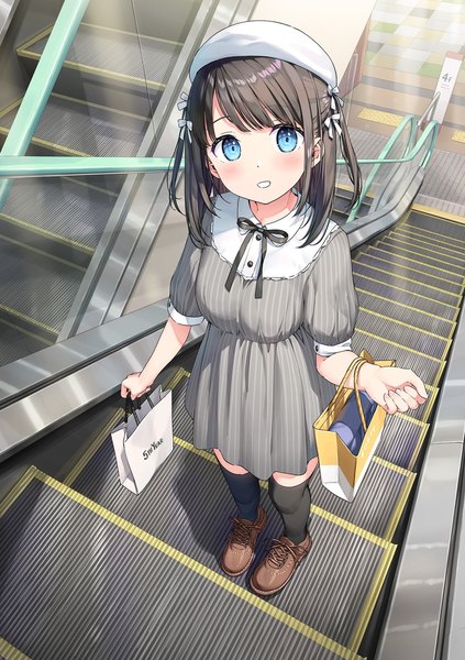 Anime picture 1444x2048 with original kantoku single tall image looking at viewer short hair blue eyes black hair standing full body parted lips from above short sleeves two side up girl thighhighs dress ribbon (ribbons) black thighhighs hair ribbon