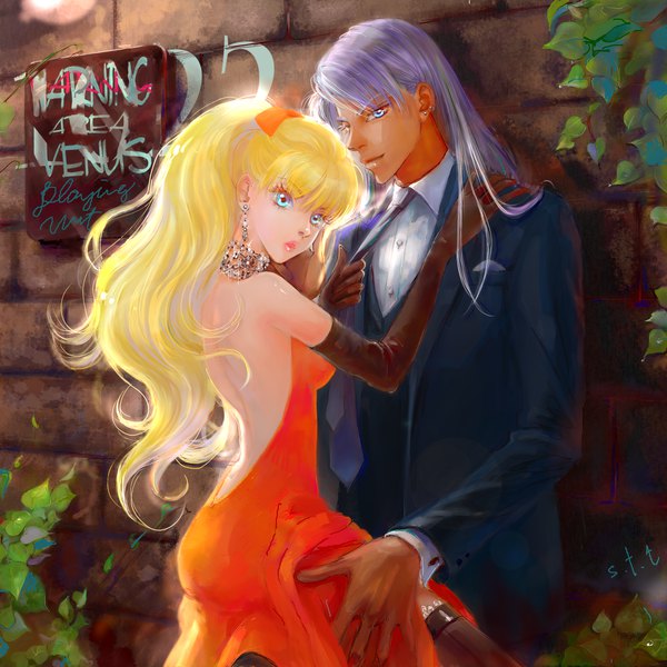 Anime picture 2000x2000 with bishoujo senshi sailor moon toei animation aino minako kunzite (sailor moon) karafuru tako long hair highres blue eyes blonde hair signed purple hair hug turning head dark skin bare back against wall hand on another's shoulder brick wall hand on another's hip necktie grab