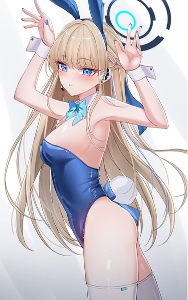 Anime picture 2756x4385 with blue archive toki (blue archive) toki (bunny) (blue archive) yzk knmn single long hair tall image looking at viewer blush fringe highres breasts blue eyes light erotic simple background blonde hair white background animal ears tail blunt bangs