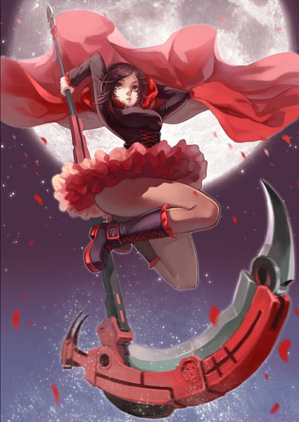 Anime picture 846x1194 with rwby rooster teeth ruby rose -elf-jy single tall image short hair blue eyes black hair night legs girl dress weapon petals boots moon scythe