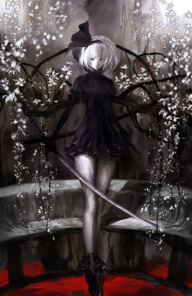 Anime picture 800x1236 with touhou konpaku youmu iori (yakata-bako) single tall image looking at viewer blush short hair purple eyes holding silver hair bare legs alternate costume cherry blossoms serious dual wielding spot color girl dress gloves