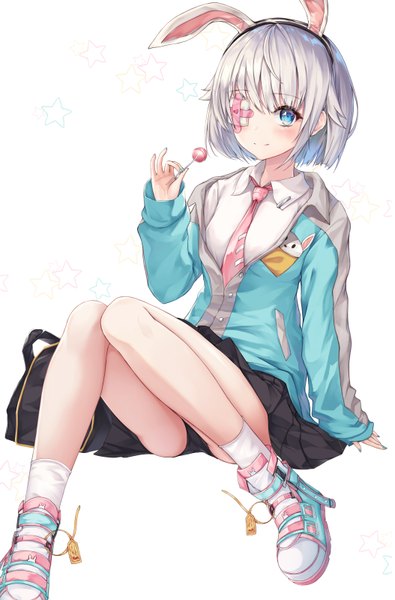 Anime picture 1054x1600 with original h2o (dfo) single tall image looking at viewer blush fringe short hair blue eyes light erotic simple background smile white background sitting holding animal ears silver hair blunt bangs nail polish pleated skirt