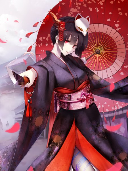 Anime picture 1056x1404 with original fami (yellow skies) single tall image looking at viewer fringe short hair black hair red eyes traditional clothes parted lips head tilt japanese clothes horn (horns) wind outstretched arm mask on head white skin girl hair ornament