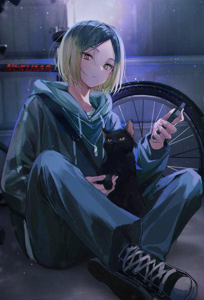 Anime picture 3000x4405 with haikyuu!! production i.g kozume kenma eumi 114 single tall image looking at viewer highres short hair blonde hair sitting yellow eyes multicolored hair two-tone hair indian style boy animal shoes hood cat