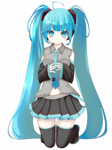 Anime picture 1000x1333 with vocaloid hatsune miku umxzo single tall image looking at viewer simple background smile white background twintails very long hair aqua eyes aqua hair girl thighhighs detached sleeves miniskirt necktie headphones