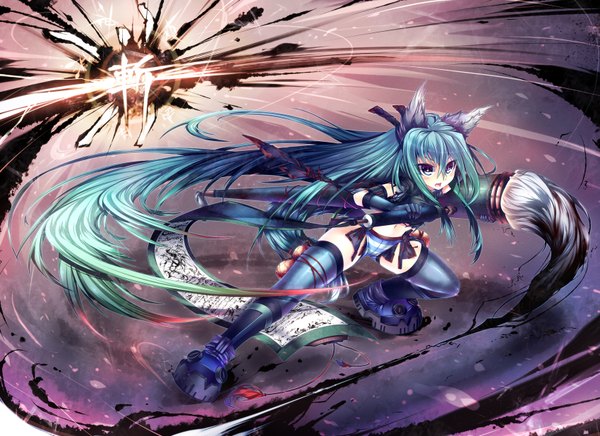 Anime picture 1700x1236 with original mamuru single long hair highres open mouth light erotic animal ears very long hair aqua hair striped fighting stance girl thighhighs underwear panties striped panties paintbrush calligraphy brush scroll