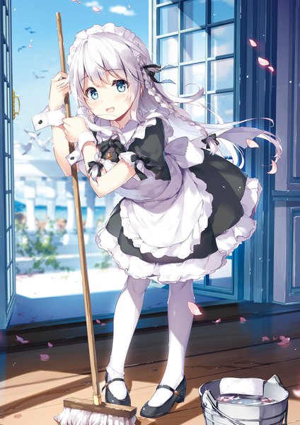 Anime picture 666x942 with original miyase mahiro single long hair tall image looking at viewer blush fringe open mouth blue eyes standing holding sky silver hair cloud (clouds) full body braid (braids) :d wind short sleeves