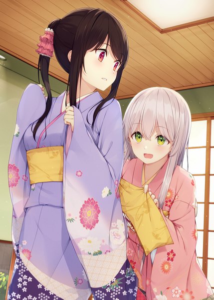 Anime picture 2589x3623 with original mitoko (tsuchikure) shiori (tsuchikure) tsuchikure (3105mitoko) long hair tall image blush fringe highres open mouth smile hair between eyes red eyes brown hair standing multiple girls green eyes payot silver hair ponytail