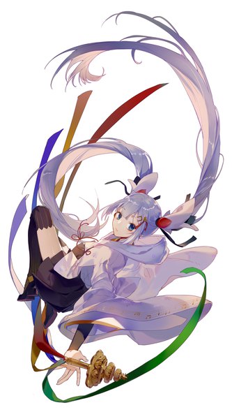 Anime picture 2480x4459 with vocaloid hatsune miku yuki miku yuki miku (2018) zhibuji loom single tall image highres blue eyes simple background white background twintails silver hair full body very long hair traditional clothes japanese clothes outstretched arm girl thighhighs