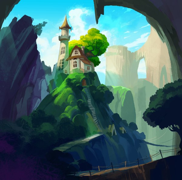 Anime picture 3220x3188 with original bonggo highres absurdres landscape rock plant (plants) tree (trees) building (buildings) stairs house tower