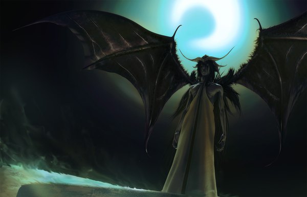 Anime picture 1680x1080 with bleach studio pierrot ulquiorra schiffer wen-jr single horn (horns) realistic bat wings espada boy moon