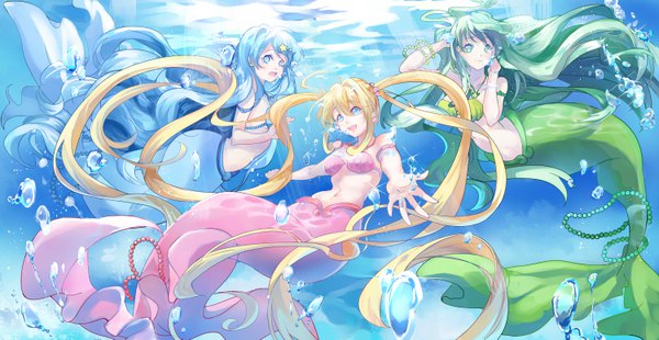 Anime picture 6000x3100 with mermaid melody pichi pichi pitch nanami lucia houshou hanon touin rina ein (artist) long hair highres open mouth blue eyes blonde hair wide image twintails multiple girls green eyes blue hair absurdres green hair turning head arms behind head underwater