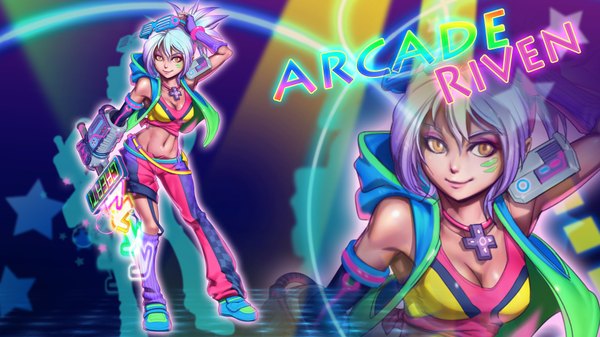Anime picture 1920x1080 with league of legends riven (league of legends) arcade riven phantom (ptcrow) single highres short hair smile wide image multicolored hair midriff orange eyes wallpaper character names gradient hair girl gloves navel choker t-shirt