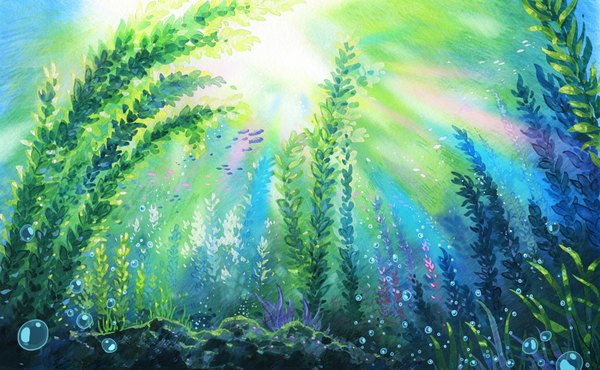 Anime picture 2381x1470 with original pixiv id 1088904 highres wide image light underwater no people landscape water bubble (bubbles) stone (stones) algae