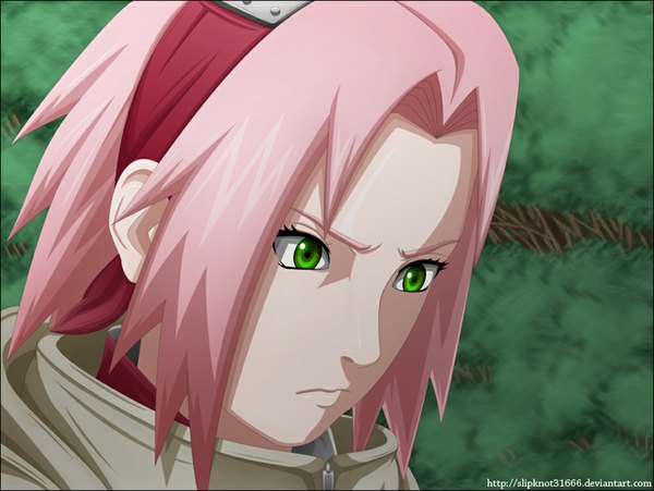 Anime picture 1000x752 with naruto studio pierrot naruto (series) haruno sakura slipknot31 single short hair green eyes pink hair coloring portrait face sad girl plant (plants) tree (trees) bandana