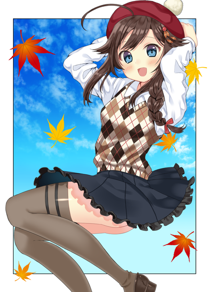 Anime picture 800x1119 with kantai collection shigure destroyer toujou mina single long hair tall image looking at viewer blush open mouth blue eyes brown hair sky ahoge braid (braids) border arms behind head jumping outside border rhombus remodel (kantai collection)