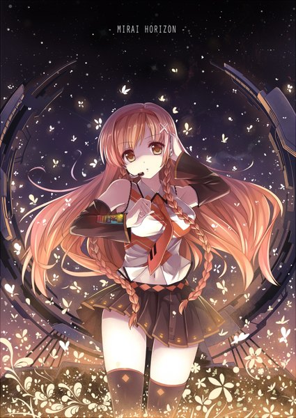 Anime picture 1150x1625 with culture japan mirai millenium vocaloid suenaga mirai caidychen single long hair tall image breasts large breasts bare shoulders brown eyes sky red hair braid (braids) pleated skirt night sparkle alternate costume night sky