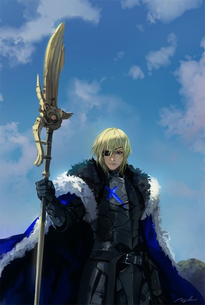 Anime picture 672x1000 with fire emblem fire emblem: three houses nintendo dimitri alexandre blaiddyd suda ayaka single tall image looking at viewer fringe short hair blue eyes blonde hair hair between eyes standing holding sky cloud (clouds) outdoors fur trim boy