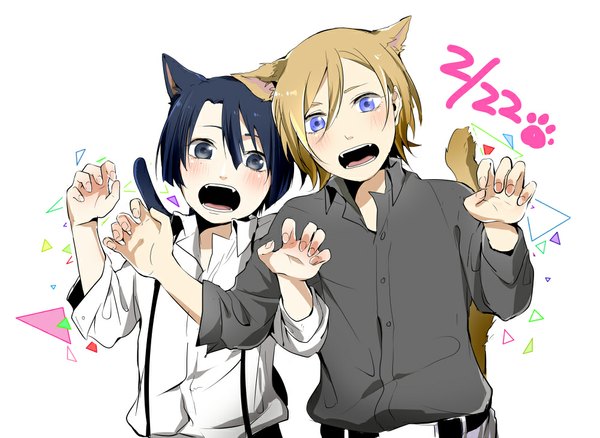 Anime picture 1000x731 with uta no prince-sama a-1 pictures jinguji ren hijirikawa masato yashi no ki blush short hair open mouth blue eyes simple background blonde hair white background purple eyes animal ears blue hair tail animal tail arm up cat ears multiple boys