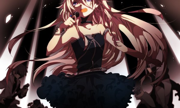 Anime picture 1500x900 with vocaloid ia (vocaloid) yuuyuu (yuk1130) fringe open mouth wide image purple eyes bare shoulders holding pink hair braid (braids) very long hair from below alternate costume glowing playing instrument singing girl dress shirt