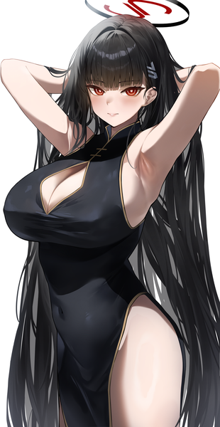 Anime picture 2894x5600 with blue archive rio (blue archive) usa b single long hair tall image looking at viewer blush fringe highres breasts light erotic simple background red eyes large breasts standing white background cleavage blunt bangs traditional clothes