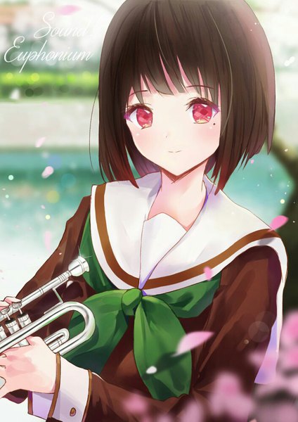 Anime picture 706x1000 with hibike! euphonium kyoto animation nakaseko kaori tr (hareru) single tall image looking at viewer blush fringe short hair smile red eyes brown hair standing blurry mole sparkle depth of field mole under eye cherry blossoms