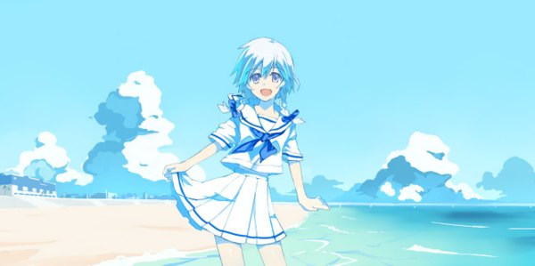 Anime picture 1298x647 with touhou izayoi sakuya sisyamo2% (artist) single long hair looking at viewer open mouth blue eyes wide image sky cloud (clouds) white hair braid (braids) beach happy scenic girl skirt ribbon (ribbons) plant (plants)